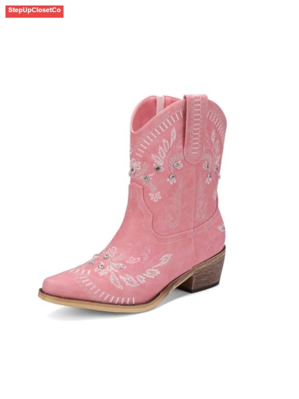 Rhinestone Ankle Cowboy Boots Embroidered Chunky Heel Western Booties